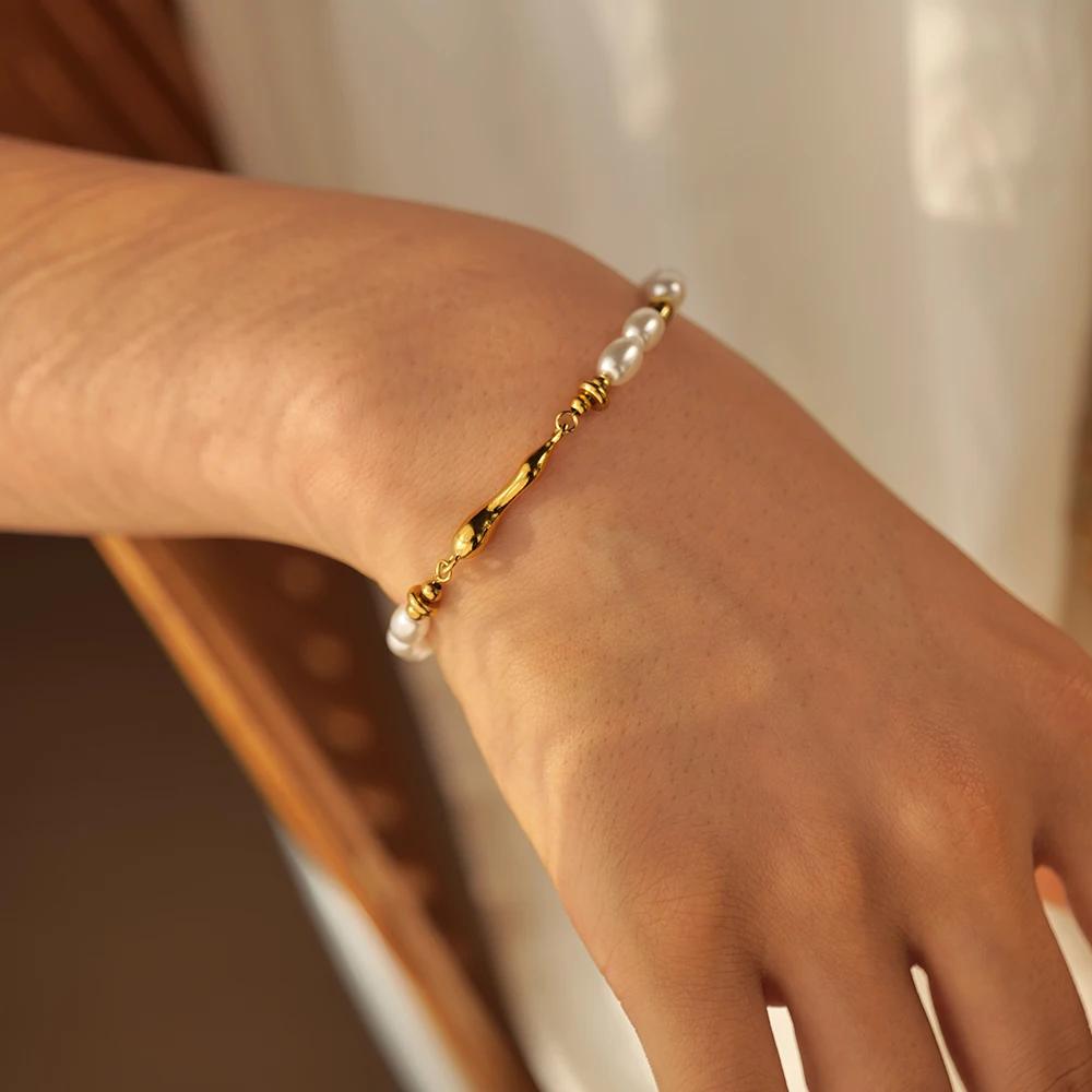 Glass Pearl Shaped Water Drop Cast Water Drop Bracelet Stainless Steel 18K Gold Plated Waterproof Summer Jewelry