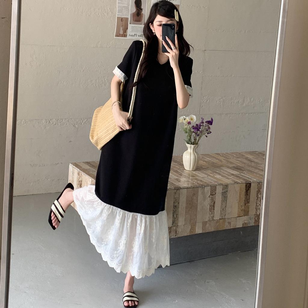 DIMANAF 2025 Plus Size Dress Women Summer Vintage Dress Basic Long Loose Casual Spliced Dress Elegant
