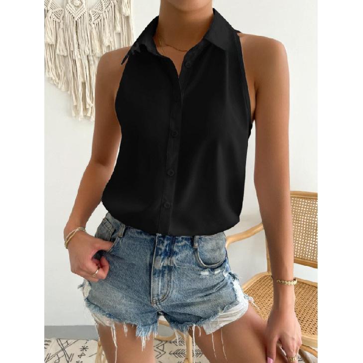 Satin Sleeveless Shirt for Women, New Spring Style Satin Top, Casual Commuting Solid Color Women s Shirt S чёрный