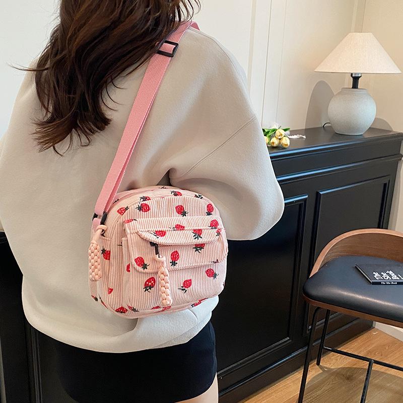 Retro Versatile Harajuku Corduroy Shoulder Crossbody Bag Female Student Summer New Japanese Strawberry Mobile Phone Bag Tide