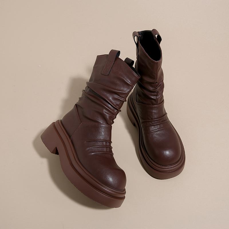 Autumn Winter Design Pleated Women Ankle Boots Slip On Shoes Thick Heel Modern Short Botas Mujer