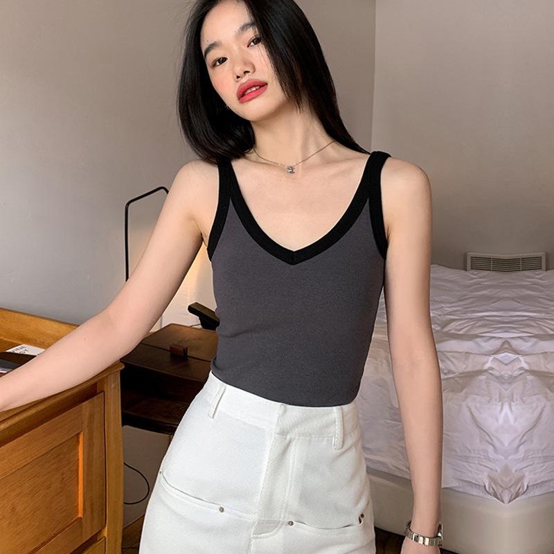 High-end Short Camisole Women's Outer Wear Summer New Contrasting Color High-waisted V-neck Sleeveless Bottoming Top