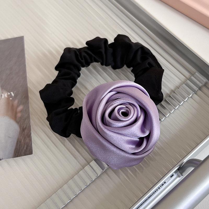 Fashion Handmade Satin Rose Flower Hair Ring Womans Elegant Headband High Elastic Rubber Band Tie Ponytail Hair Rope Headdress