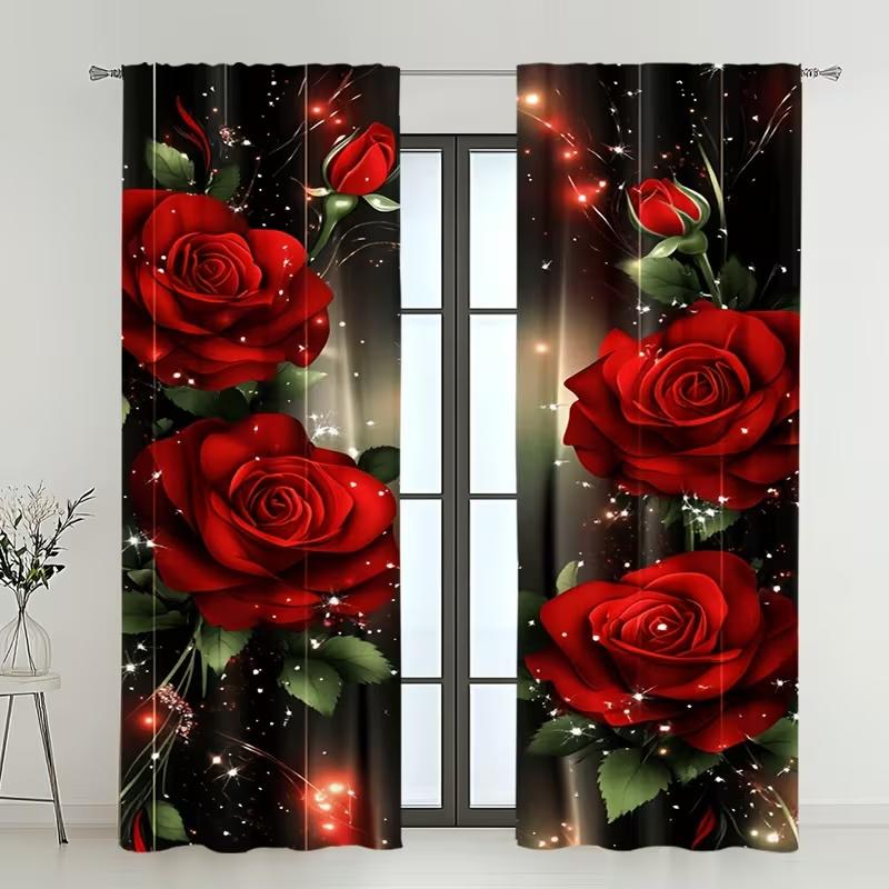

2 Pcs Diamond Rose Print Curtains,suitable for Bedroom,living Room Kitchen Decoration,home Decoration,window Decoration 14Wx39L(35x100CM)x2&Rod Pocket