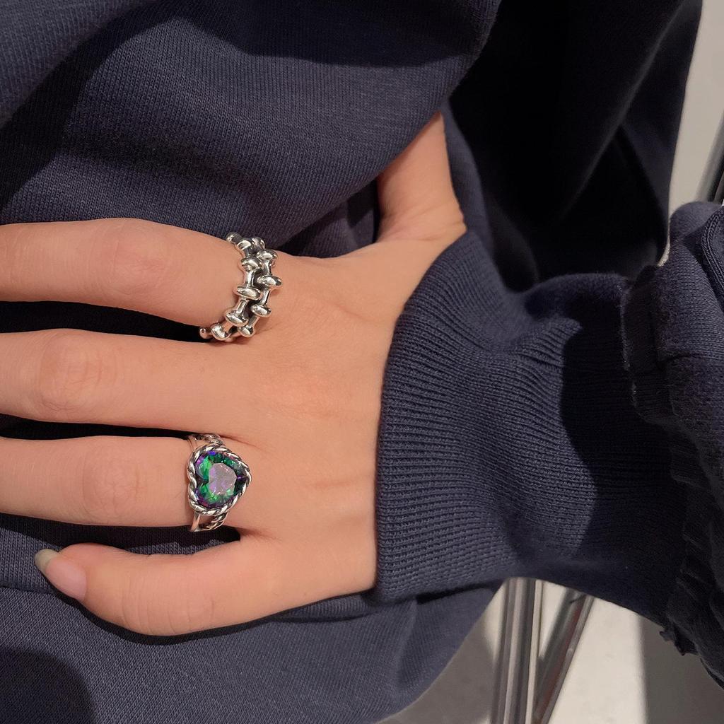 Korean-Japanese Vintage Iridescent Zircon Heart & Wave Adjustable Ring for Women