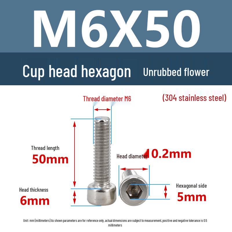 Yigu 304 Stainless Steel Socket Head Cap Screw, M2-M6 Cylindrical Head, Full Thread, Non-Knurled