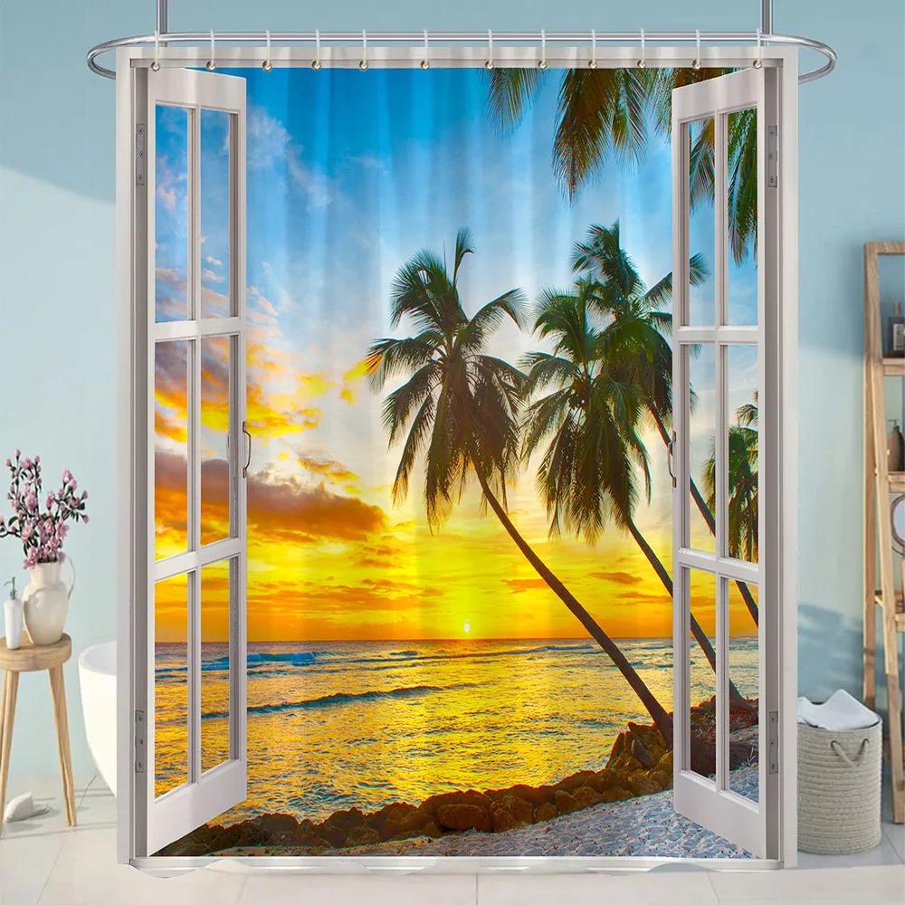 Simulation Window Beach Forest Outdoor Shower Curtain Tropical Seaside Landscape Bohemian Cloth Hanging Curtains Bathroom Decor