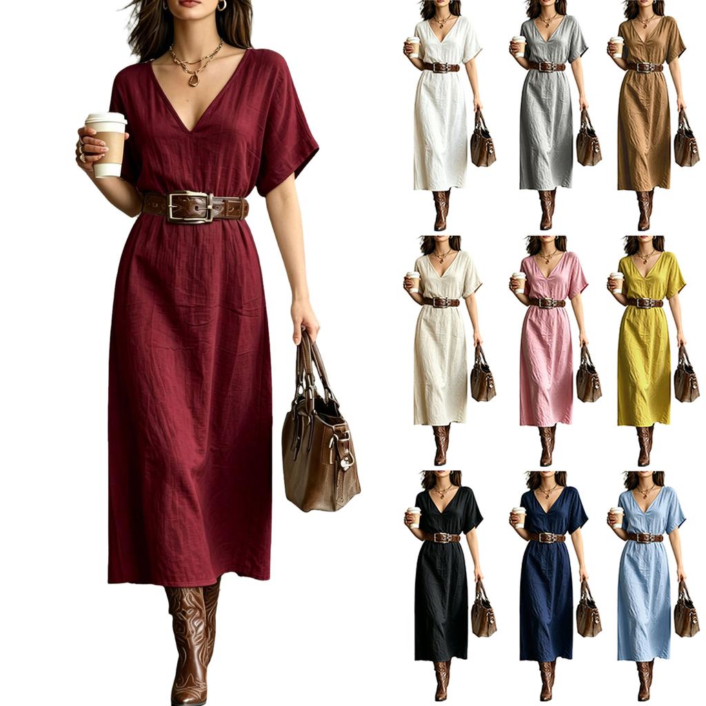 Women's Short Sleeve V-Neck Bohemian Cotton Linen Dress for Summer Casual Wear