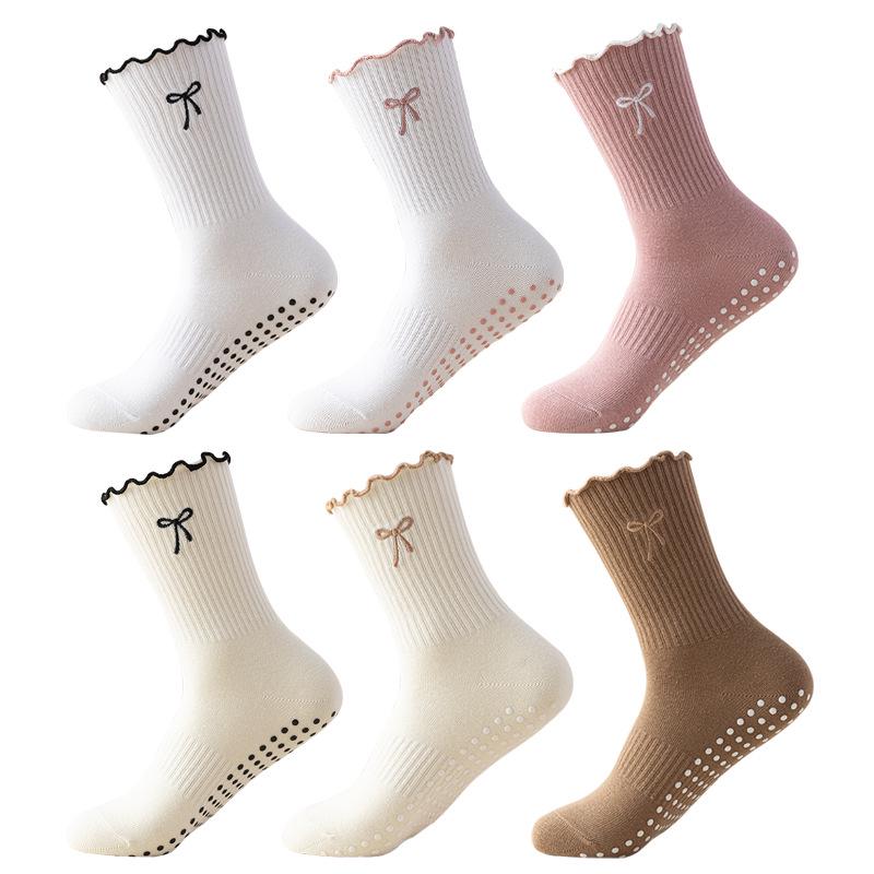 Women's Non-Slip Mid-Calf Pilates Yoga Socks with Bow Embroidery