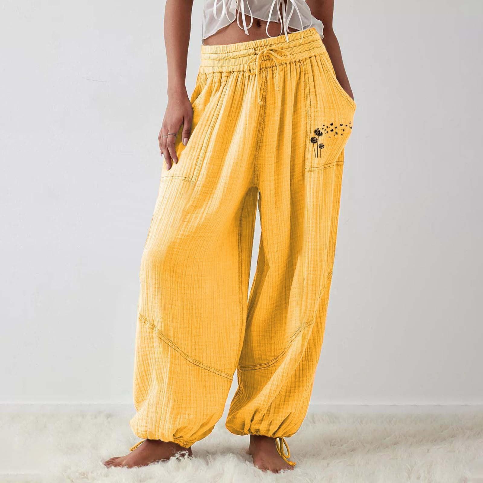 

Женские модные свободные однотонные повседневные брюки с эластичной резинкой на талии и карманами XL жёлтый