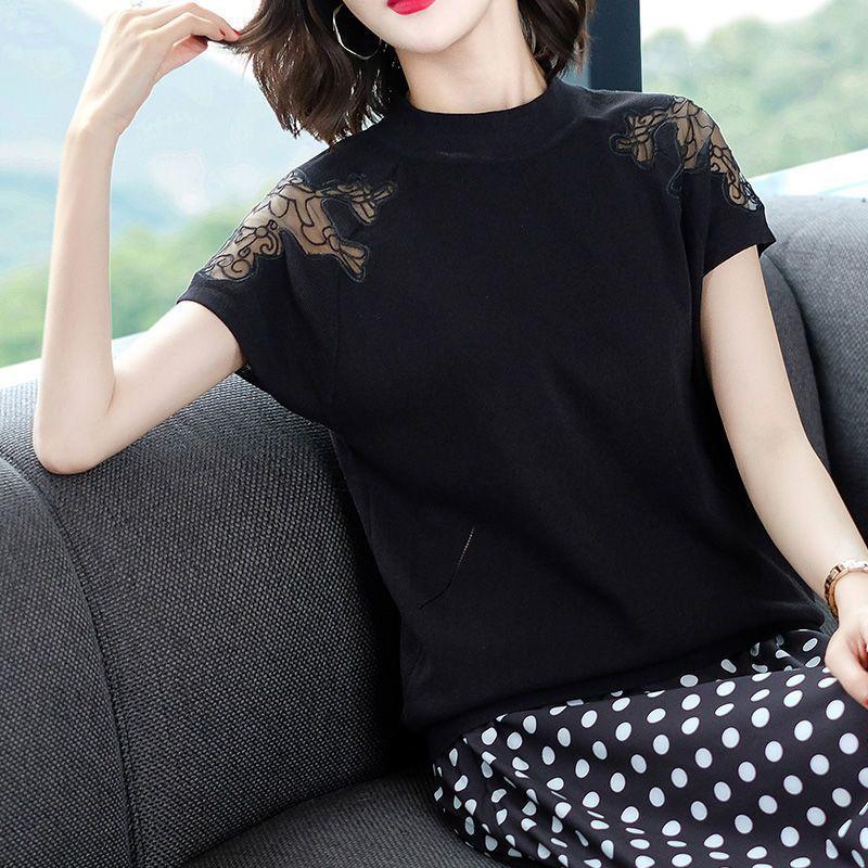 

Women s Short Sleeved T-shirt Summer Wear Knitted Short Lace Sleeve Top Design Sense Top Shirt 2XL чорний