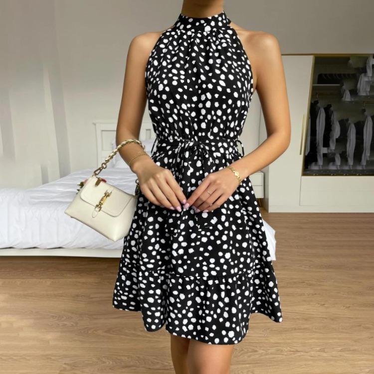 Dámské podzimní zimní mini šaty bez rukávů s ohlávkou, ležérní puntíkovaný potisk, vysoký pas, áčková linie, volánové okraje