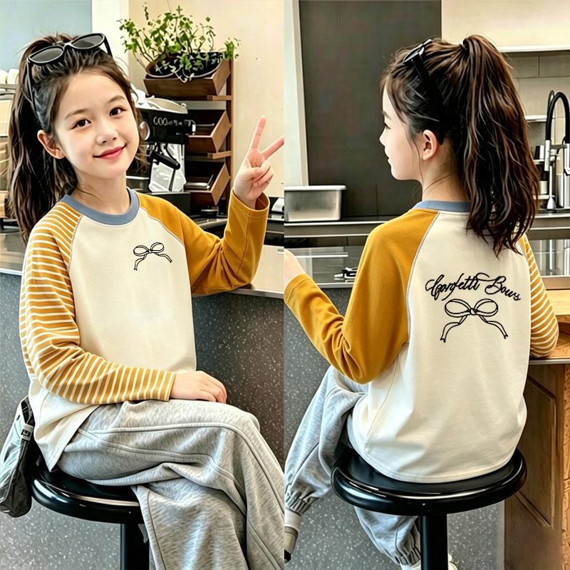 Girls' Cotton Long Sleeve Cartoon Color Block T-shirt