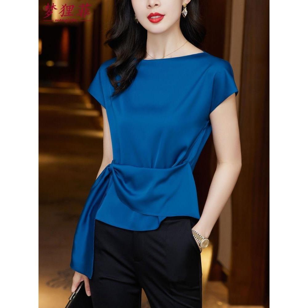 High-end Short Sleeved Blouse for Women Summer Chiffon Satin Top Elegant Stylish Shirt for the Summer