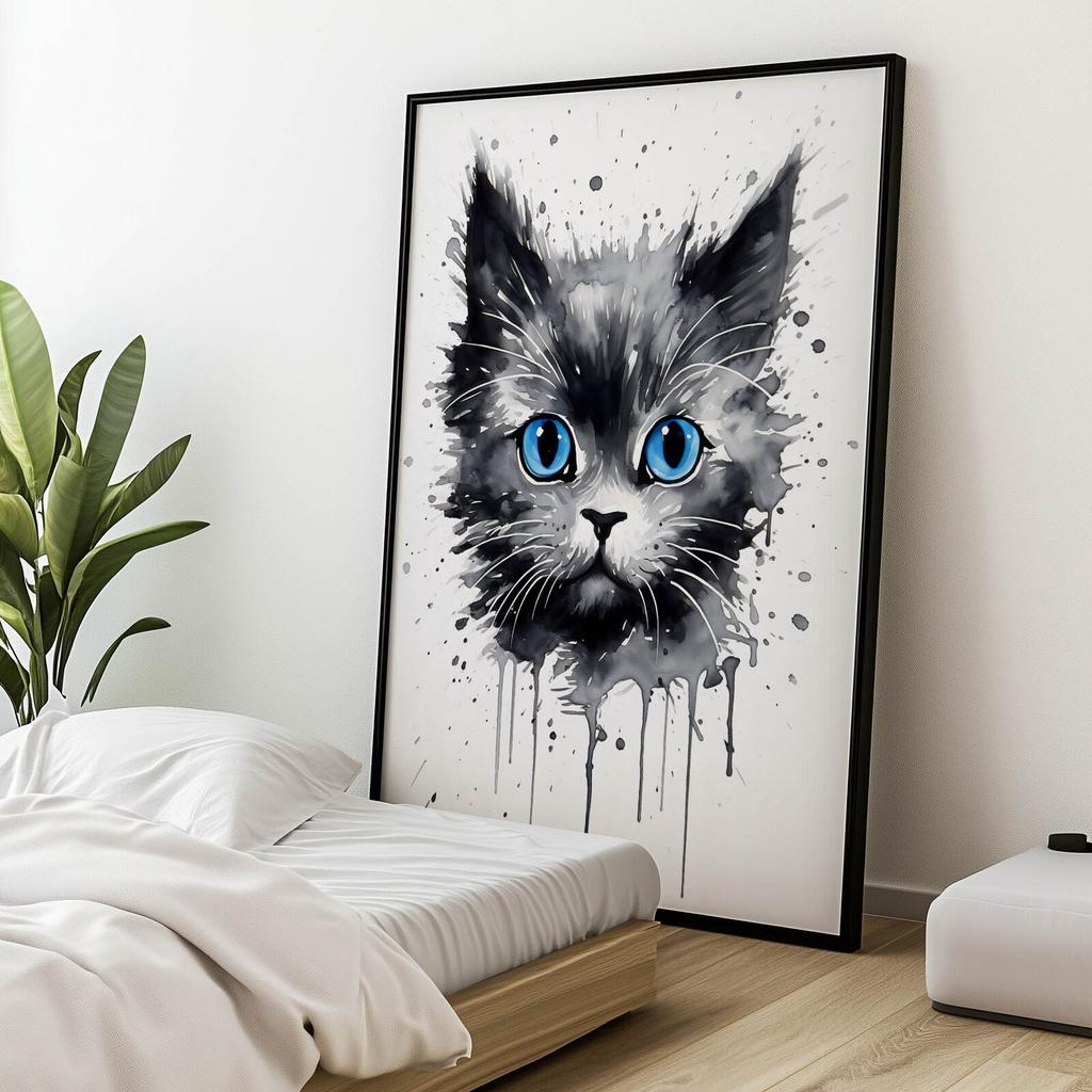 Kot W Akwareli Kot W Akwareli, 50X70 Cm, Rama Aluminiowa Złota, Papier Matowy 230 Gsm