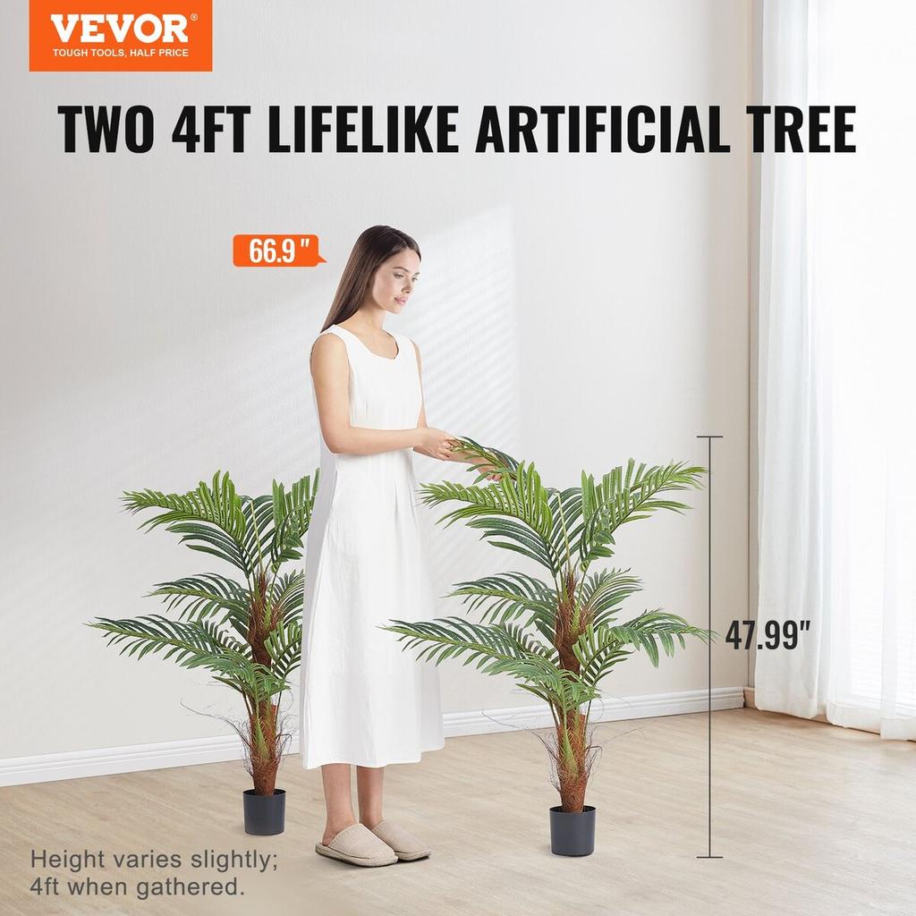 Artificial Palm Tree, 4 FT Tall Faux Plant, Secure PE Material & Anti-Tip Tilt Protection Low-Maintenance Plant, Lifelike Green Fake Tree for Home