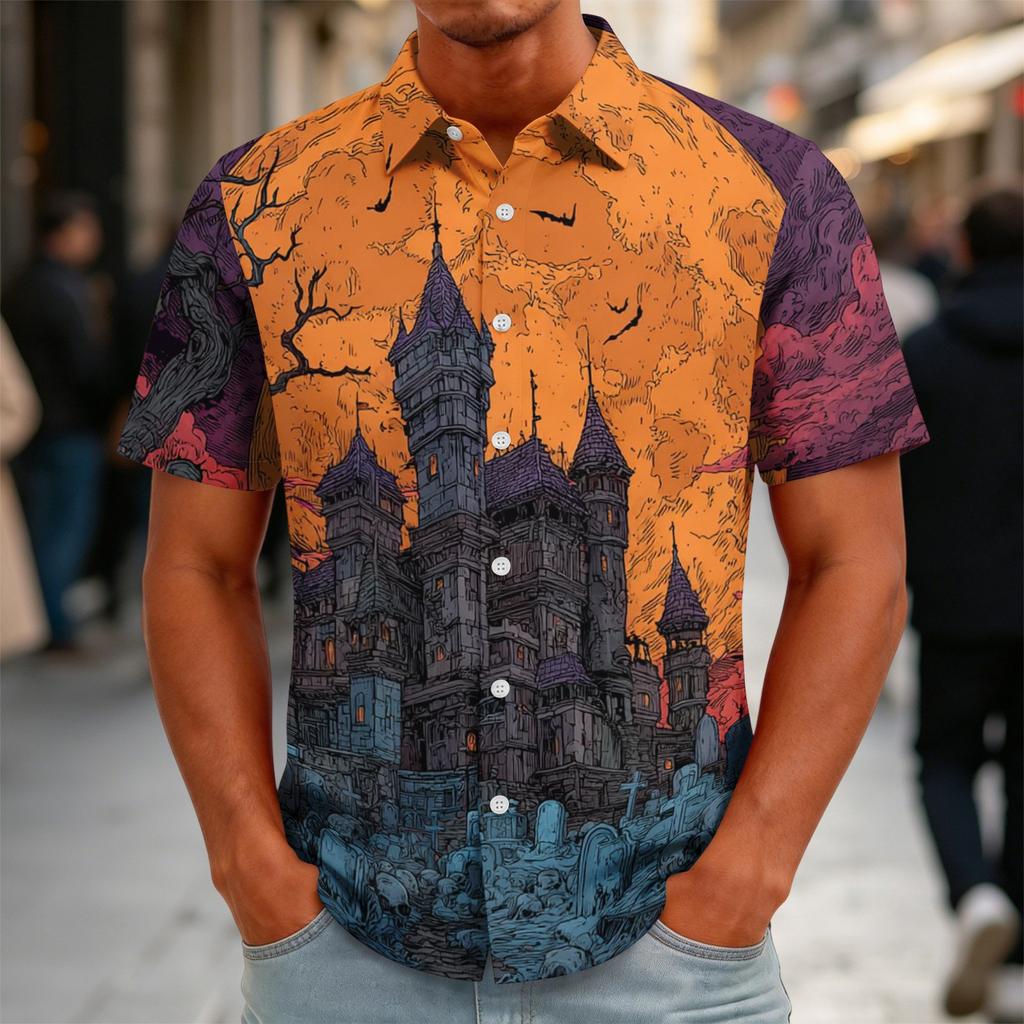 Men's Halloween Print Vintage Button Down Cardigan Shirt - Loose Fit Breathable Summer Casual Streetwear Top