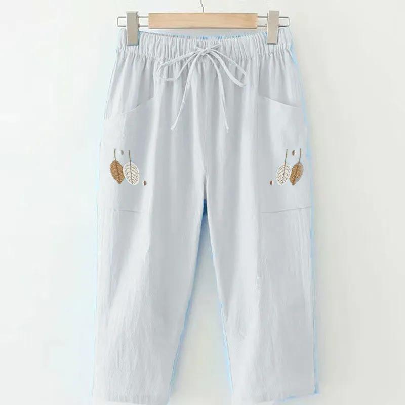 Tynne 100 % bomullsbukser, sommernye, store størrelser, broderte, rette bukser, dame, elastisk midje, allsidig, casual capris