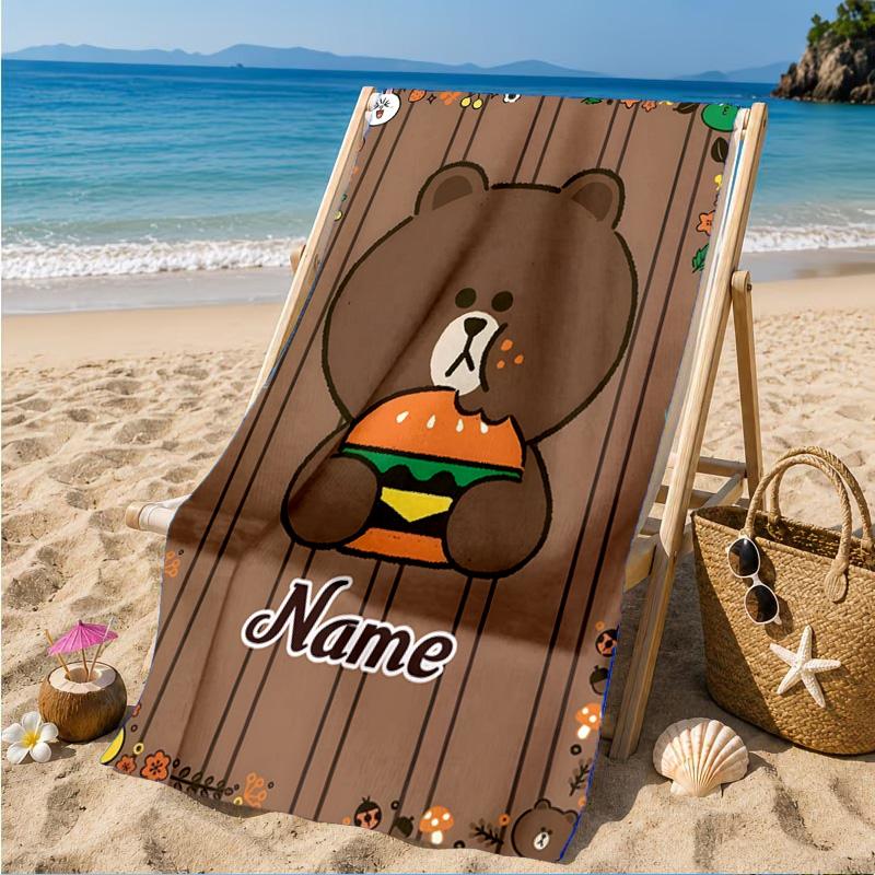 Custom Name Happy Valentine's Day Brown Bear Beach Towel Microfiber Beach Towel, Lightweight and Quick-Dry, for Summer Travel, Swimming Pool Gift
