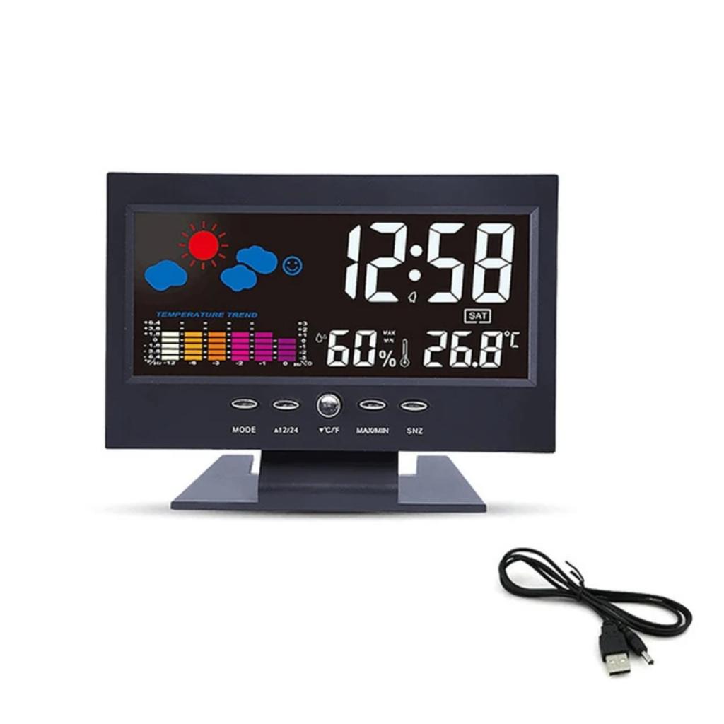 Voice Control Backlight Digital Weather Clock Date Week Temperature Humidity Weather Forecast 12/24H Electronic Clock Mini Clock