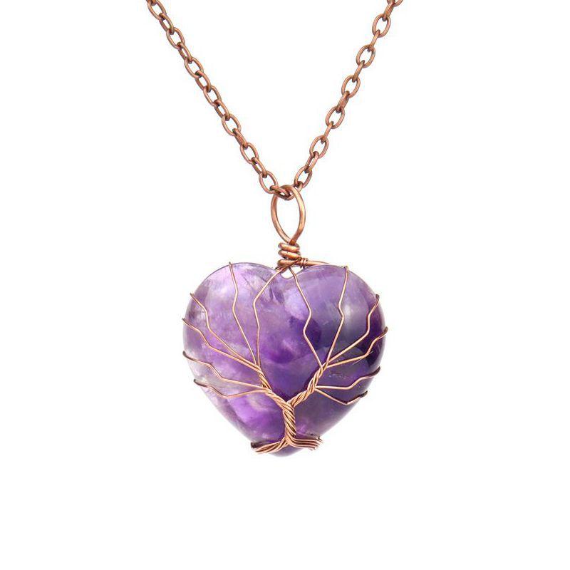 Ancient Red Copper Hand-Wound Peach Heart Natural Stone Heart-Shaped Powder Crystal Tree Of Life Necklace N519