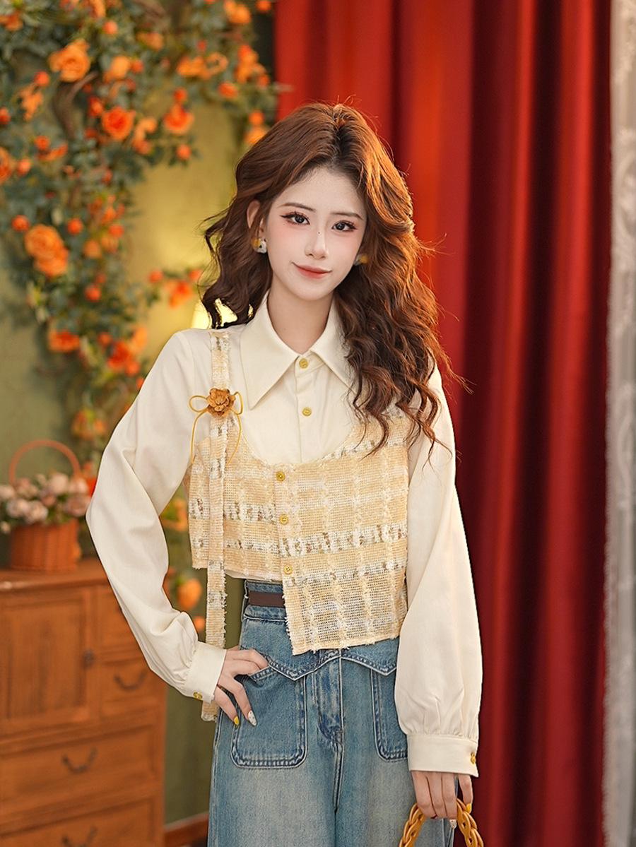DaYuanSAD Zhang Jiayuan Women s Retro Floral Long-Sleeve Shirt #G15249 - Hong Kong Style Spring Top Medium жёлтый/абрикосовый