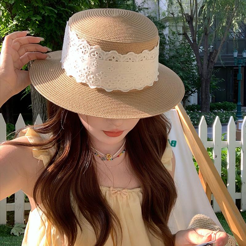 Lace Woven Flat Top Straw Hat Women's Summer Seaside Vacation Beach Sunshade Sun Hat