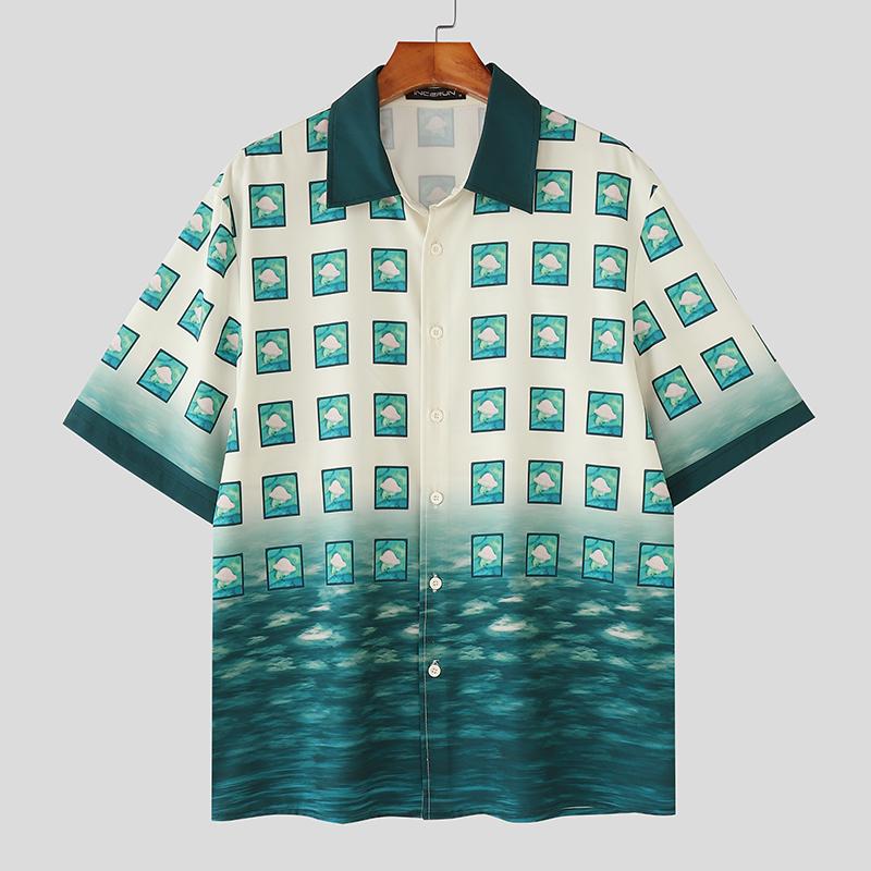 

INCERUN Oversized Shirts Men Lapel Short Sleeve Cartoon Funny Print Casual Tops S зелений