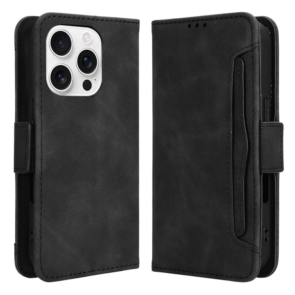 

For iPhone 16 Pro Max Leather Case Phone Wallet Cover with Multiple Card Slots Black