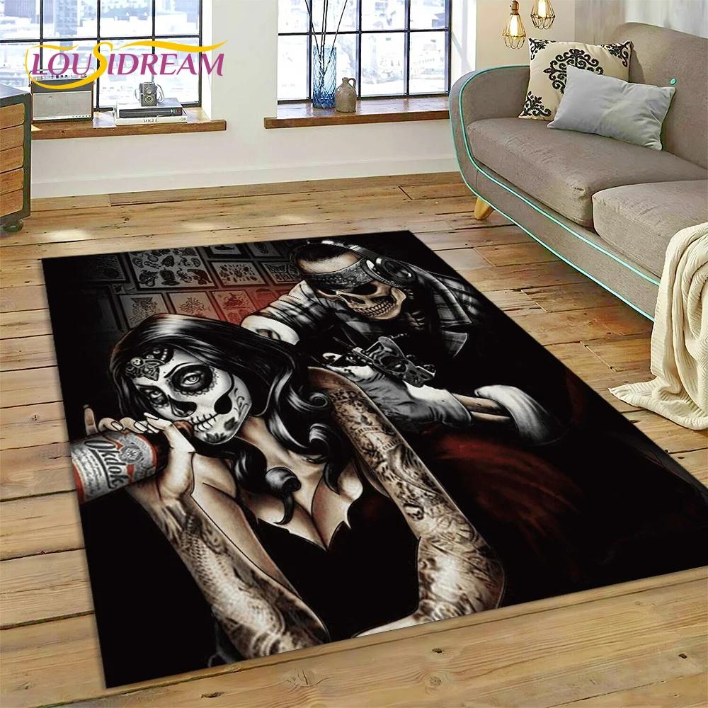 Skull Dead Girl 3D Gothic Horror Female Rose Rug Carpet for Living Room Bedroom Decor,Non-slip Decoration for Sofa Doormat Gift