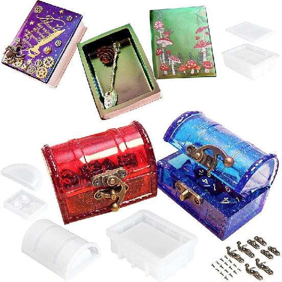 Resin Box Silicone Molds Set of 2, Treasure Chest and Magic Book Case with Lids