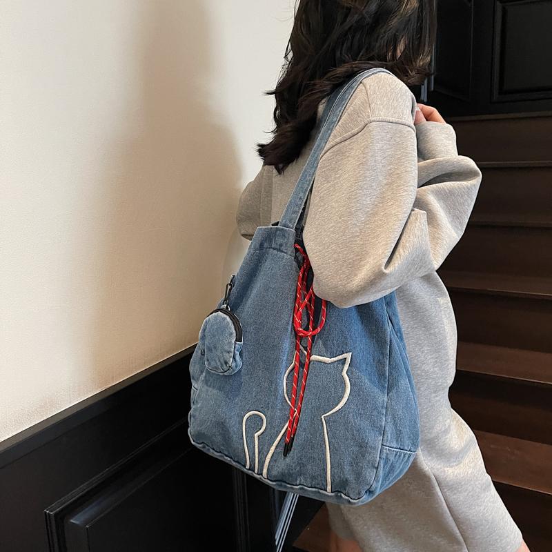 Large Capacity Kitten Embroidered Tote Bag Women Shoulder Bag Commuter Underarm Bag