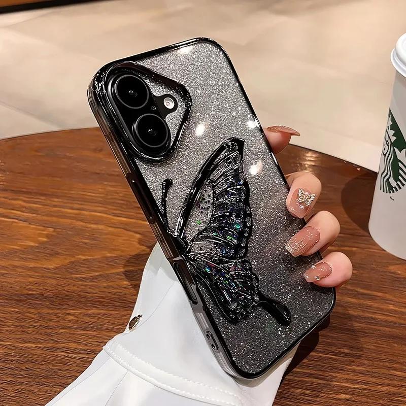 Cartoon Butterfly Glitter Quicksand Case for iPhone 16 15 14 13 Pro Max Plus 11 12 Plating Gradient Bling Camera Film Soft Cover