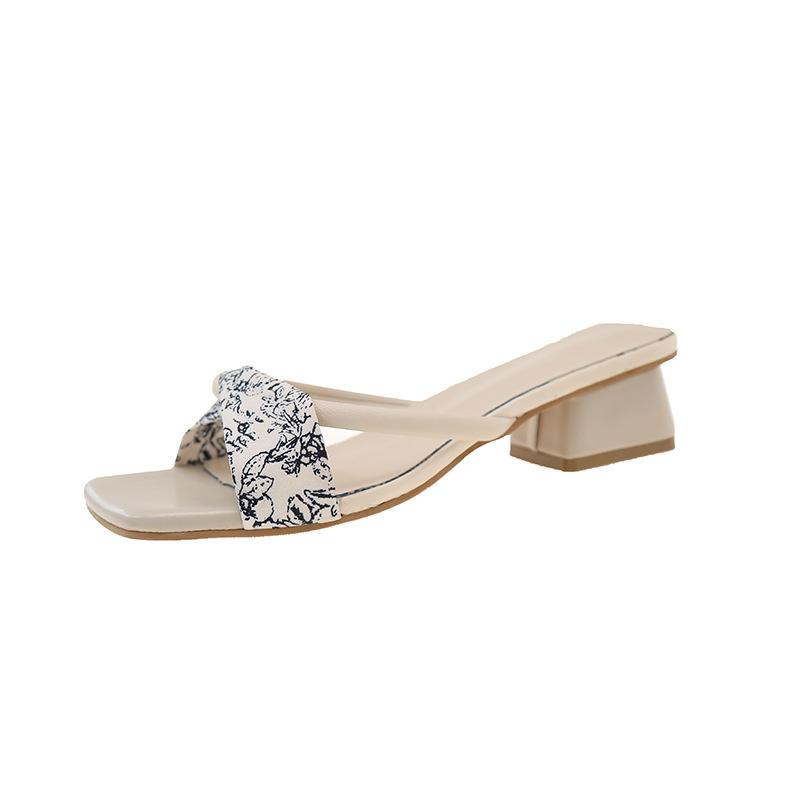 Square Head Thick Heel Cool Slippers Women's Summer Outer Wear Fashion Design Sense Niche Middle Heel Fold Cross Thin Strap One Word Sandals