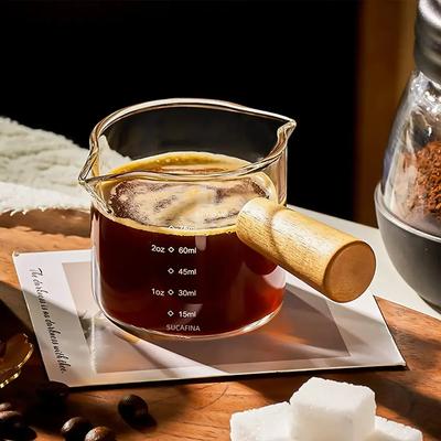 1 Stück Messbecher aus Glas mit Holzgriff Espresso Doppelter Einzelmund Milch Kaffee Klarer Becher Kaffeezubehör Küchenzubehör
