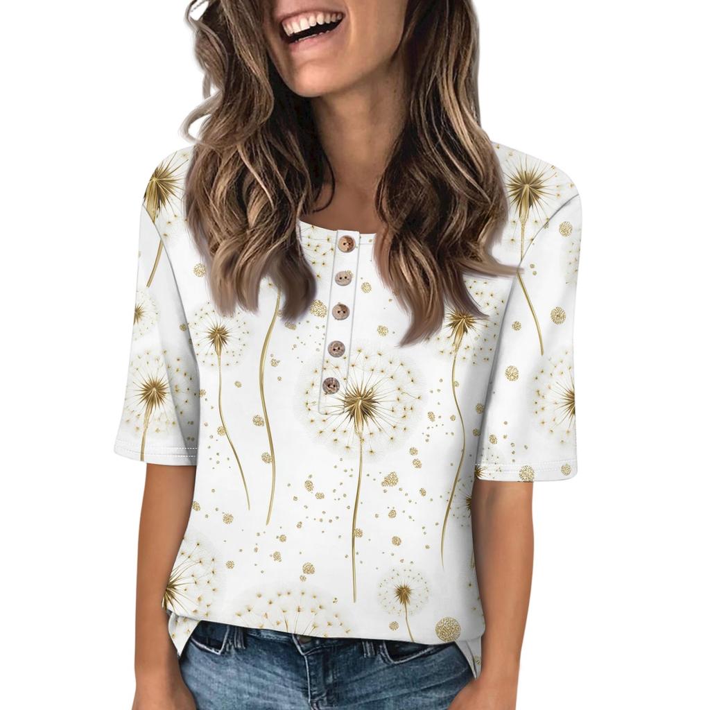 Women's Fashion Printed Round Neck Button Half Sleeve Casual Top