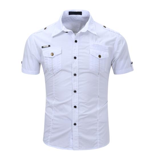 Men Shirt Solid Color Simple Casual Turn-down Collar Flap Pockets Summer Shirt Daily Clothes