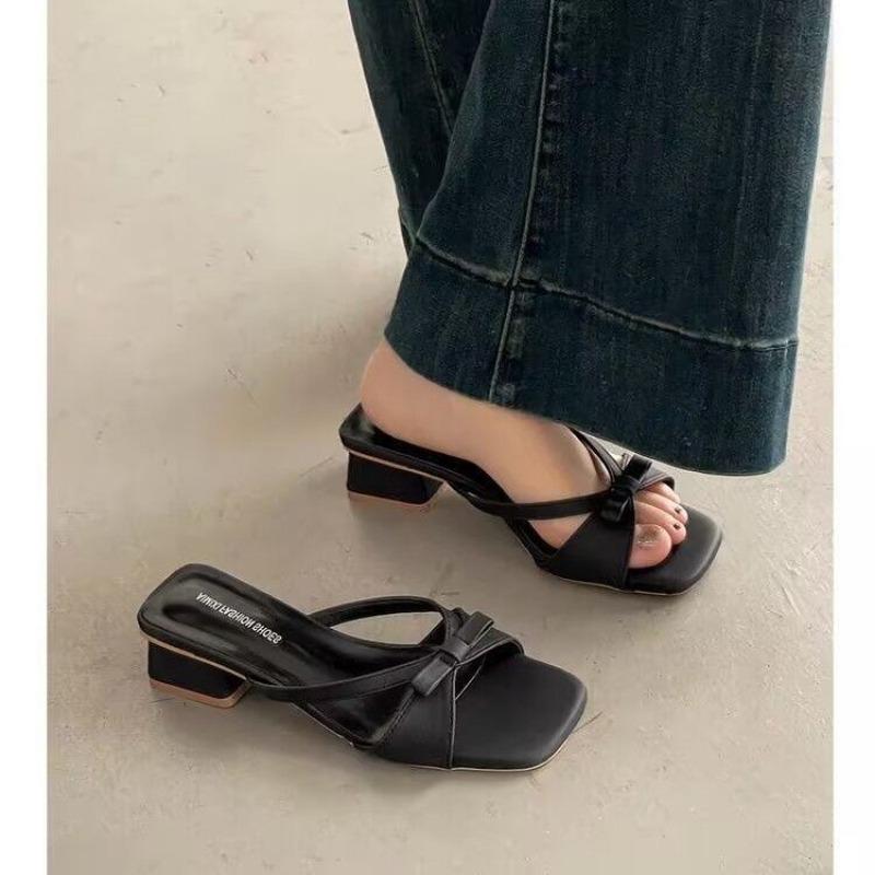

Summer new open-toed cool slippers outer wear femininity square head bow fairy beautiful sandals 40 чёрный