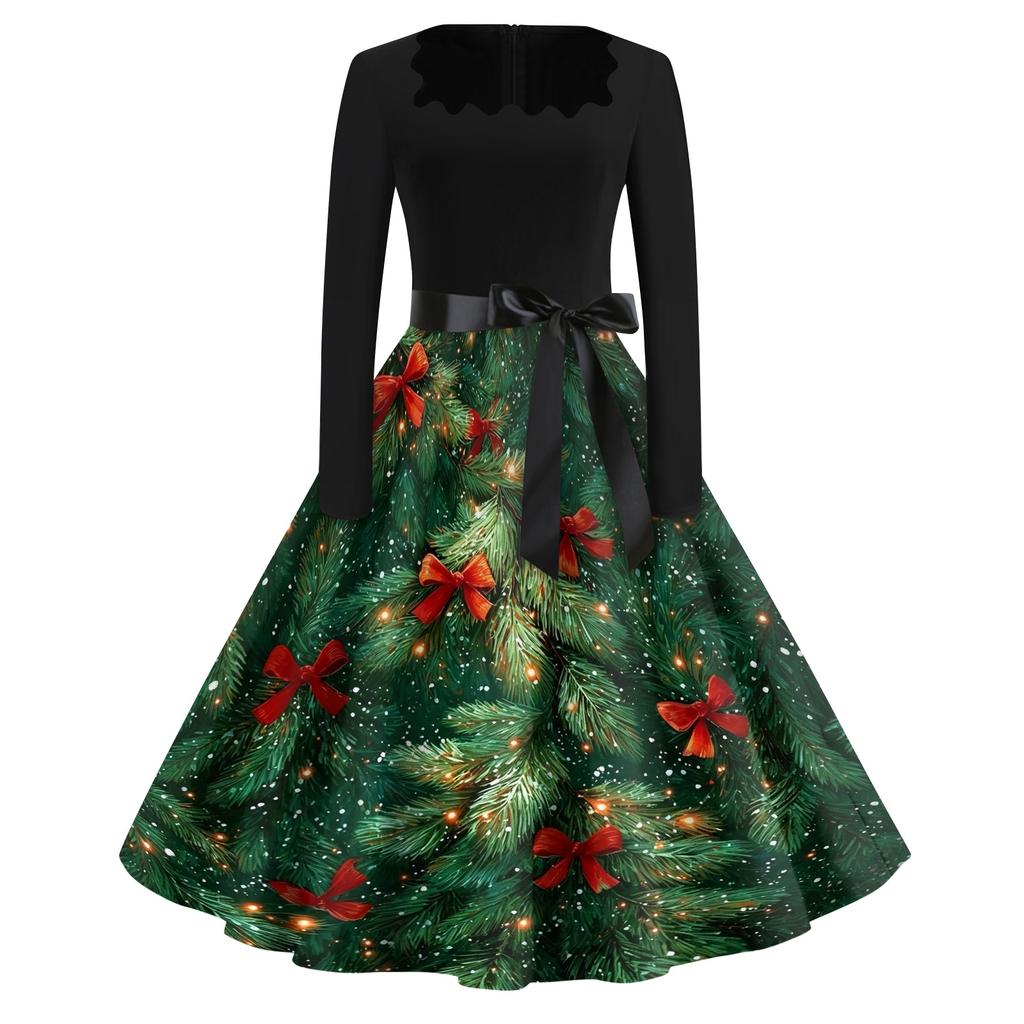 Women's Casual Christmas Print Square Neck Vintage Dress for Holiday Party