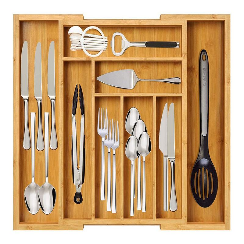 1Pc Adjustable Expandable Bamboo Drawer Organizer, Kitchen Drawer Divider Tray for Cutlery, Silverware and Knives