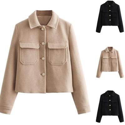 Fashion Women Lapel Jacket Coat with Decorative Zipper Pocket Ladies