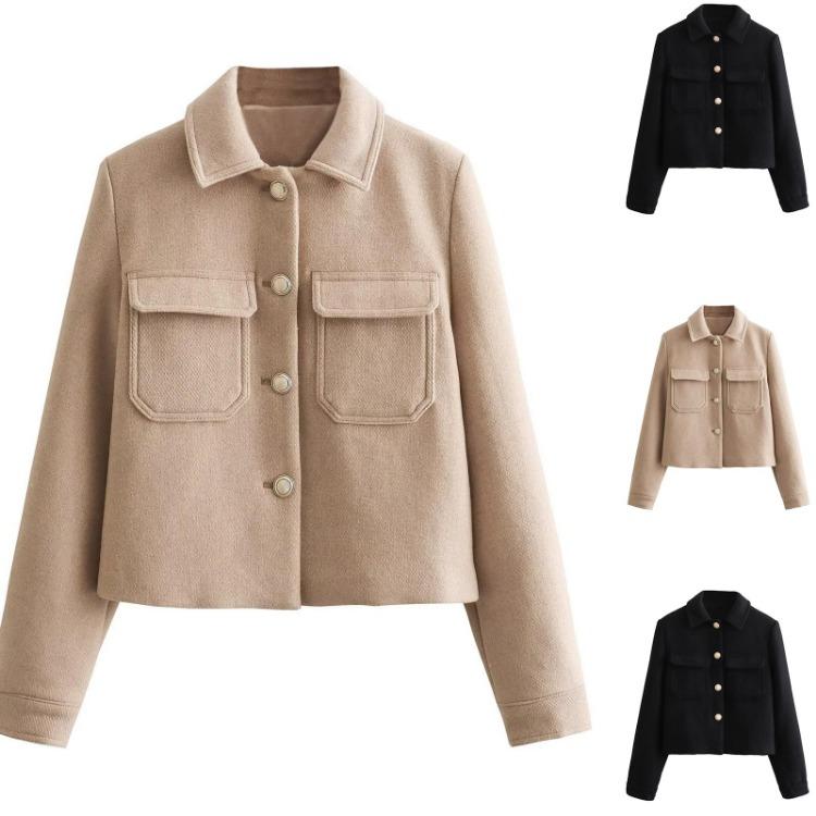 Fashion Women Lapel Jacket Coat with Decorative Zipper Pocket Ladies