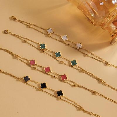 European & American Women's Four-Leaf Clover Gold Stainless Steel Double-Layer Beaded Bracelet