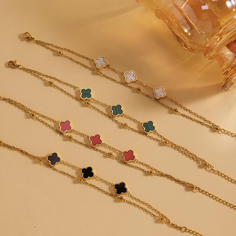 European & American Women's Four-Leaf Clover Gold Stainless Steel Double-Layer Beaded Bracelet