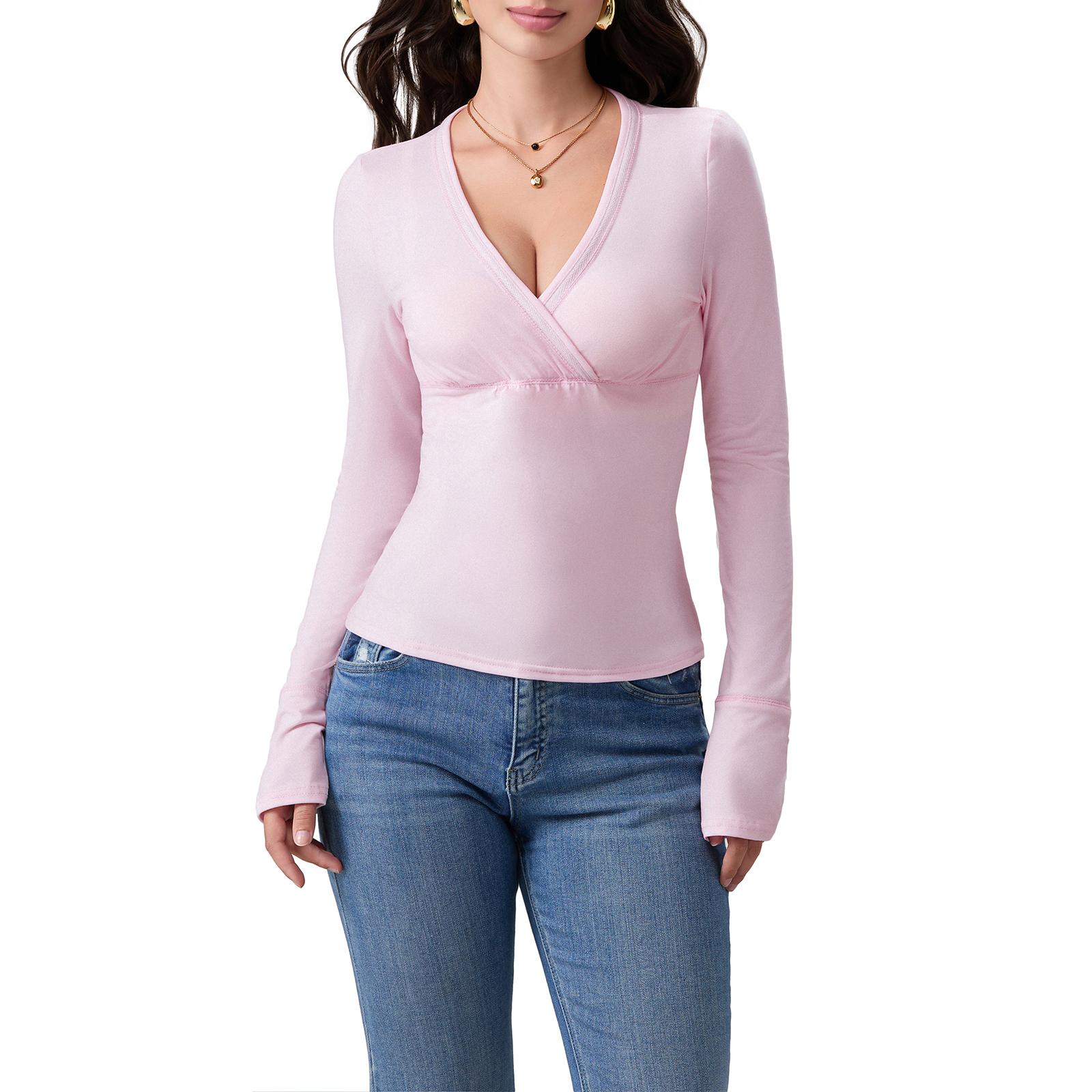 

Жіночі весняні приталені топи, однотонні футболки з довгими рукавами та V-подібним вирізом, вуличний одяг M рожевий