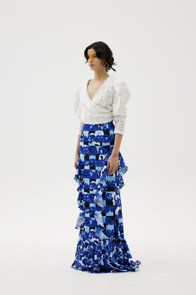 Greedius Blue Logo Floor-Length Ruffle Skirt
