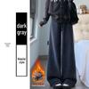 Women's High-Waisted Corduroy Pants - White Fluffy Lambswool, Wide-Leg, Plus Velvet Thickened & Slimming for Autumn/Winter