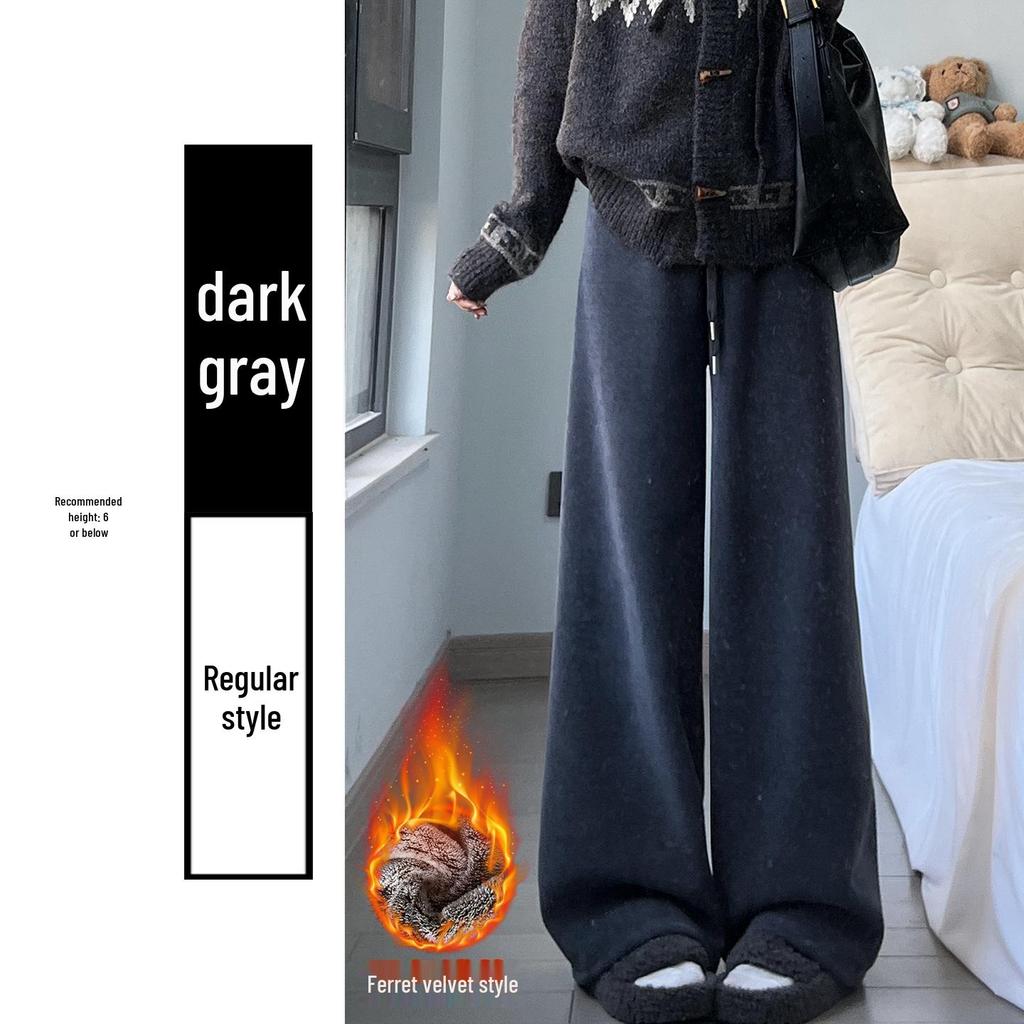 Women's High-Waisted Corduroy Pants - White Fluffy Lambswool, Wide-Leg, Plus Velvet Thickened & Slimming for Autumn/Winter