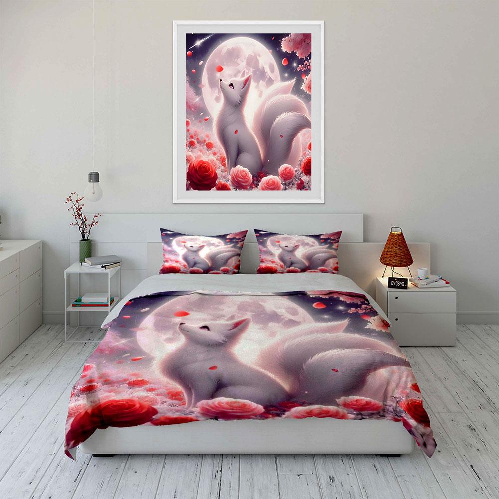 Enchanting Fox Amidst Moonlit Blossoms Duvet Cover Set With 3D Printing Design Soft Polyester Bedding Set All-Season Comfort