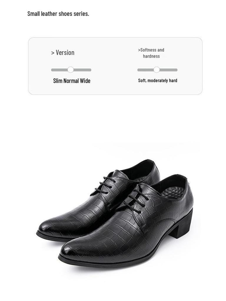 Men's Embossed Pointed Toe Leather Shoes - Height Increasing, Lace-up, Casual & Formal, Spring/Autumn.